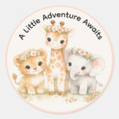 Cute Girl Safari Animals Lion Giraffe Elephant ラウンドシール (正面)