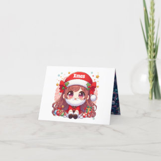 Cute Girl Santa Claus with Beard サンキューカード
