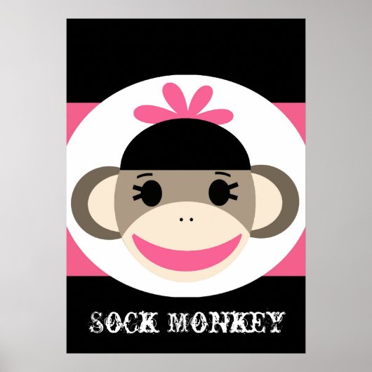Cute Girl Sock Monkey Black Pink Stripes Poster ポスター (正面)