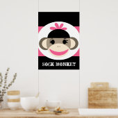 Cute Girl Sock Monkey Black Pink Stripes Poster ポスター (キッチン)