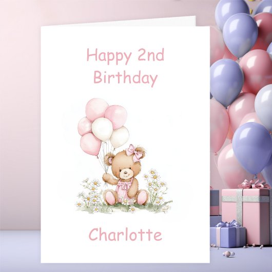 Cute Girl Teddy Bear 2nd Birthday カード