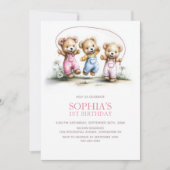 Cute Girl Teddy Bears 1st Birthday Party 招待状 (正面)