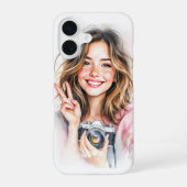 Cute girl with camera phone case iPhone 16ケース (裏面)