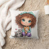 Cute Girl with Kittens Kawaii Cozy Art クッション (ブランケット)