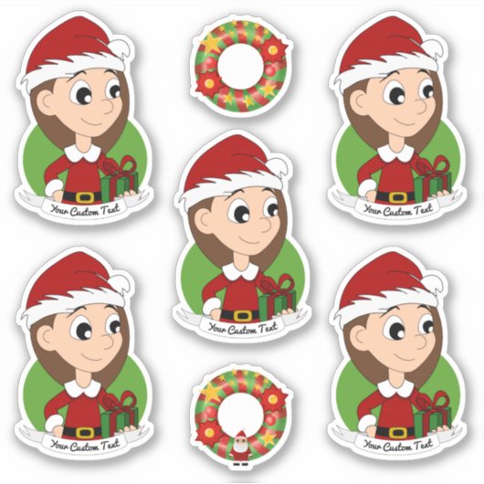 Cute girl with long brown hair holiday cartoon sti シール (正面)