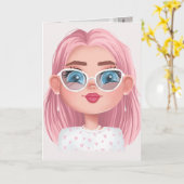 cute girl with pink hair birthday カード (黄色い花)