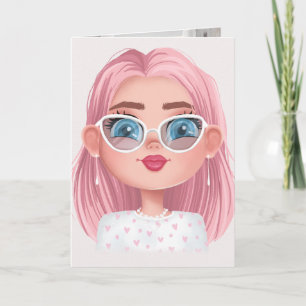 cute girl with pink hair birthday カード