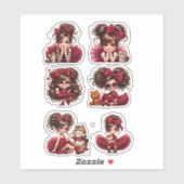 Cute Girl with Red Bow and Kitten Sticker Set  シール (シート)