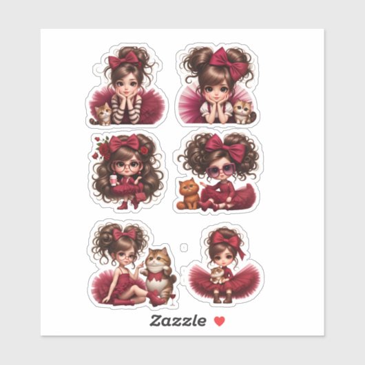 Cute Girl with Red Bow and Kitten Sticker Set  シール (シート)