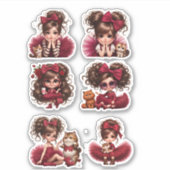 Cute Girl with Red Bow and Kitten Sticker Set  シール (正面)