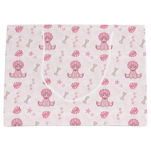 Cute Girls Birthday Pink Dinosaur ラージペーパーバッグ (正面)