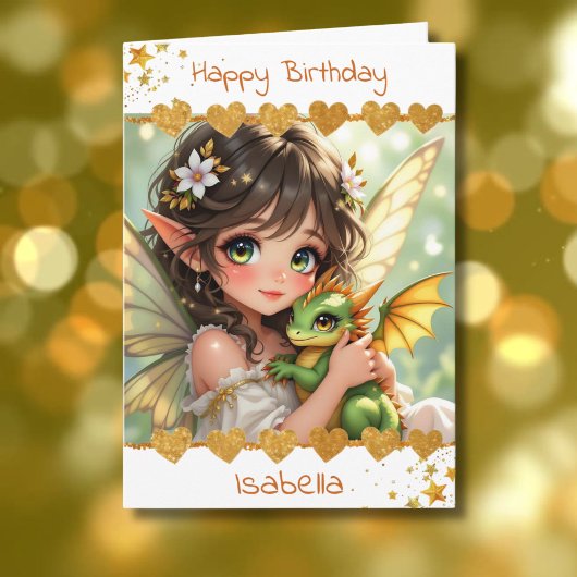 Cute Girl's Fairy and Dragon Themed Birthday カード