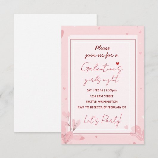 Cute Girls Night Galentine Pink Party Invitation 出欠カード (正面/裏面)