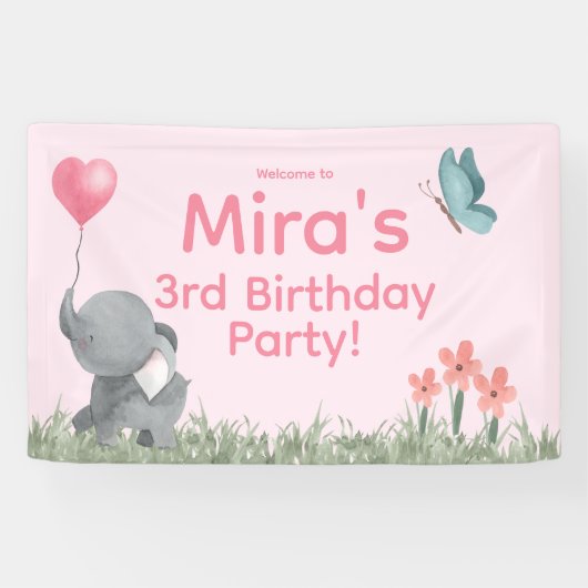 Cute Girly and Pink Elephant Birthday Party  横断幕 (横)