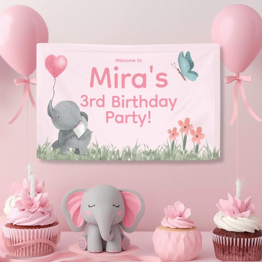 Cute Girly and Pink Elephant Birthday Party  横断幕