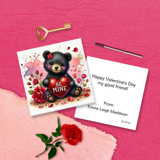 Cute Girly Be Mine Bear Cub Classroom Valentine ノートカード