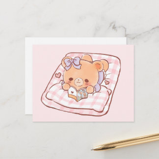 Cute Girly Bear reading Shojo Manga on Cozy Bed ポストカード