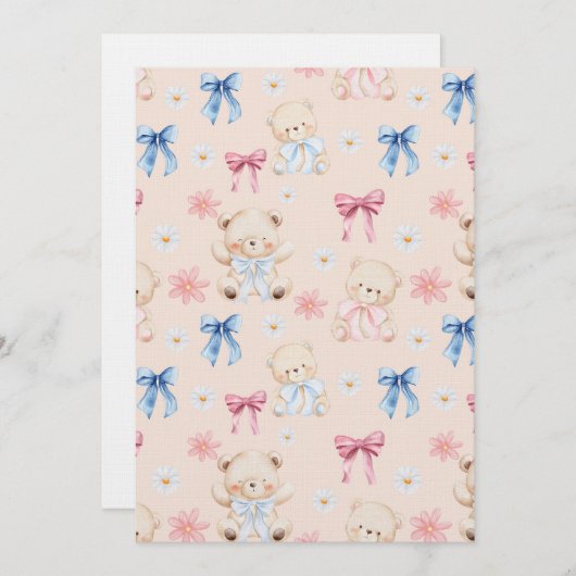 Cute Girly Bow Teddy Bears Seamless Pattern 招待状 (正面/裏面)