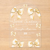 Cute Girly Coquette Bow Sweet 16 Birthday Gold アクリル招待状 (正面)
