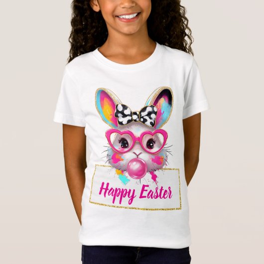 Cute Girly Easter Bunny Pink Heart Glasses Custom  Tシャツ (正面)