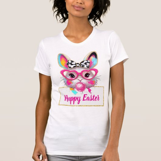 Cute Girly Easter Bunny Pink Heart Glasses Custom  Tシャツ (正面)