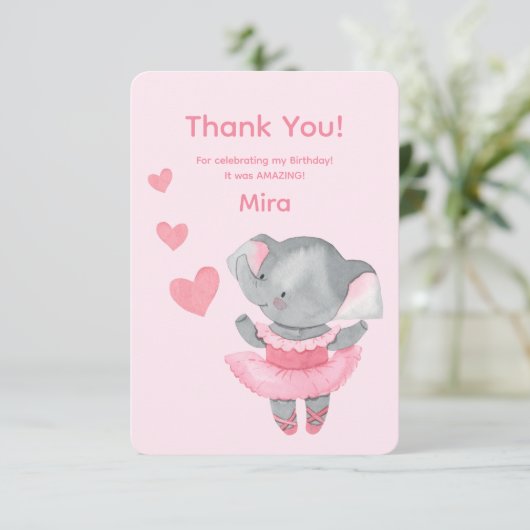Cute Girly Elephant Ballerina Birthday Party  サンキューカード (スタンド正面)