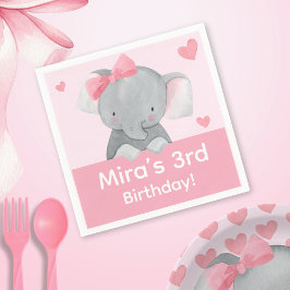 Cute Girly Elephant Pink Bow Birthday Party  スタンダードカクテルナプキン