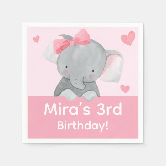 Cute Girly Elephant Pink Bow Birthday Party スタンダードカクテルナプキン (正面)