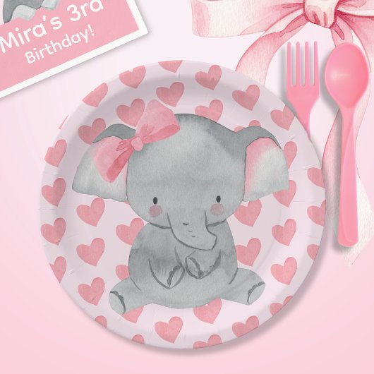 Cute Girly Elephant Pink Bow Birthday Party  ペーパープレート