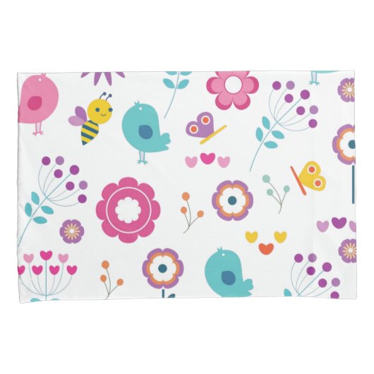 Cute Girly Flower Garden with Birds and Bees 枕カバー (正面右)