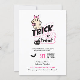 Cute Girly Ghost Trick or Treat Halloween Cat Pink 招待状