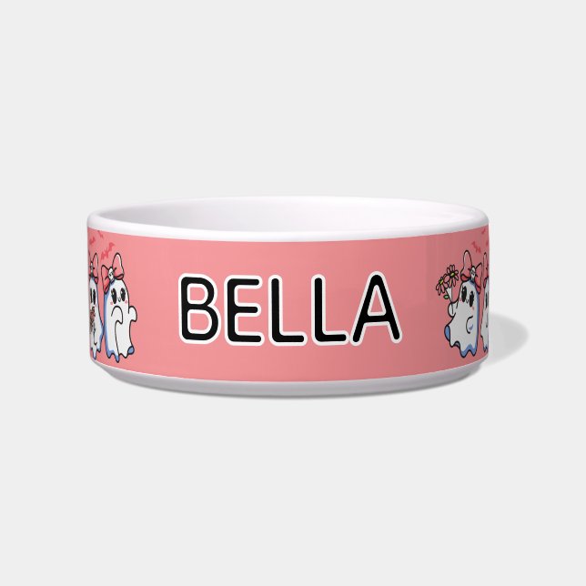 Cute Girly Ghosts with Bows Halloween Cat Feeding ボウル (正面)