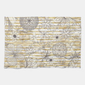 Cute Girly Gray Floral Doodles Gold Stripes Design キッチンタオル (横)