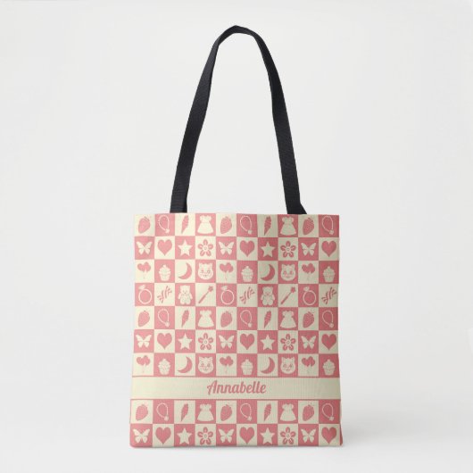 Cute Girly Modern Pink Checkered Icons Pattern トートバッグ (正面)