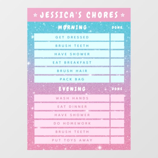 Cute Girly Pink Blue Glitter Kids Daily Chores  ウィンドウサイン (シート)