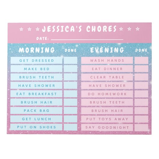 Cute Girly Pink Blue Glitter Kids Daily Chores ノートパッド (正面)