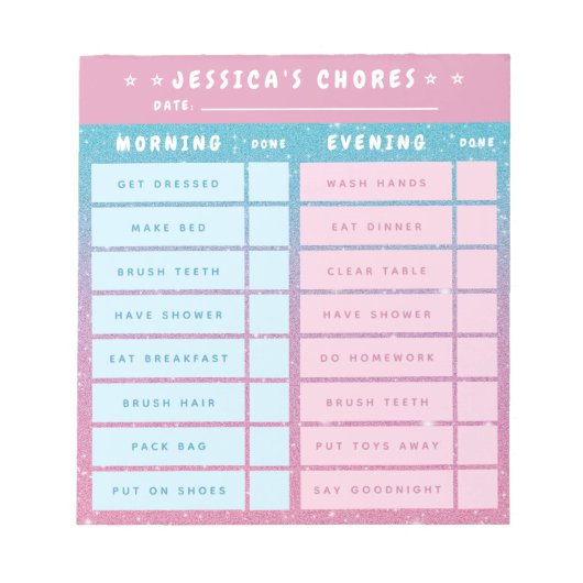 Cute Girly Pink Blue Glitter Kids Daily Chores ノートパッド (正面)