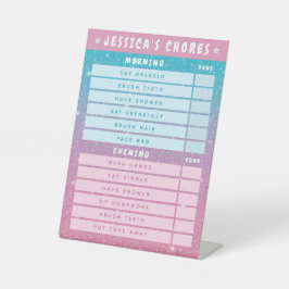 Cute Girly Pink Blue Glitter Kids Daily Chores 台座サイン