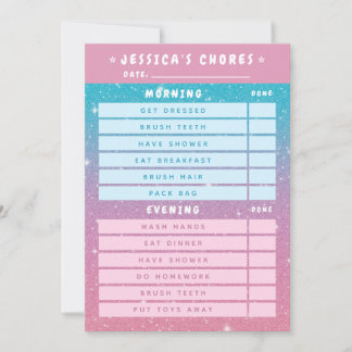 Cute Girly Pink Blue Glitter Kids Daily Chores  招待状