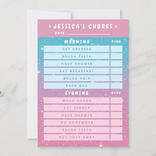 Cute Girly Pink Blue Glitter Kids Daily Chores 招待状 (正面)