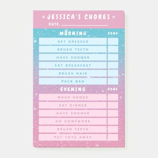 Cute Girly Pink Blue Glitter Kids Daily Chores 4x6 ポストイット (正面)