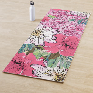 Cute Girly Pink & Green Floral Illustration ヨガマット