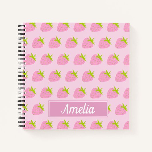 Cute Girly Pink Strawberry Pattern Personalised ノートブック (正面)