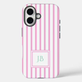 Cute Girly Pink Striped Personalized Initial iPhone 16ケース