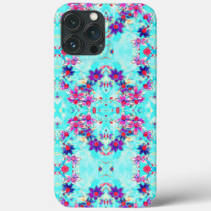 Cute Girly Purple Flower Pattern on Aqua Blue iPhone 13 Pro Maxケース