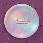 Cute Girly Purple Pink Holographic Sky Watercolor ペーパープレート