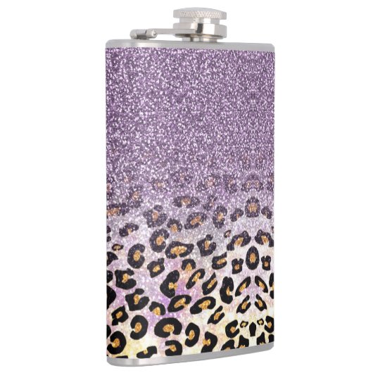 Cute girly trendy purple faux glitter leopard フラスク (右)