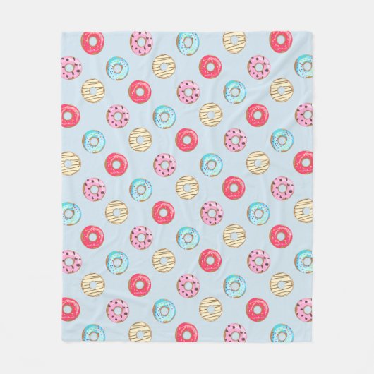 Cute Glazed Doughnut Pattern Light Blue フリースブランケット (正面)
