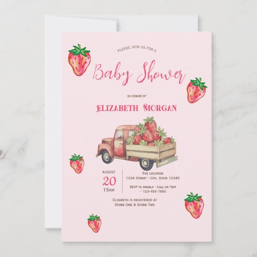 Cute Glitter Strawberries Truck Dots Baby Shower 招待状 (正面)
