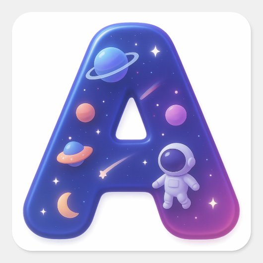 Cute Glossy Space Alphabet Letter A – Galaxy Theme スクエアシール (正面)